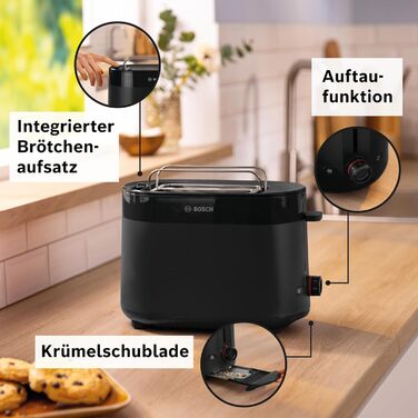 Bosch Compact Toaster MyMoment TAT2M123, integrated bagel attachment, with defrost function, with automatic shut-off, lift function, bread centering, perfect for 2 slices, 800 watts, matte black. Bagel attachment integrated, black.