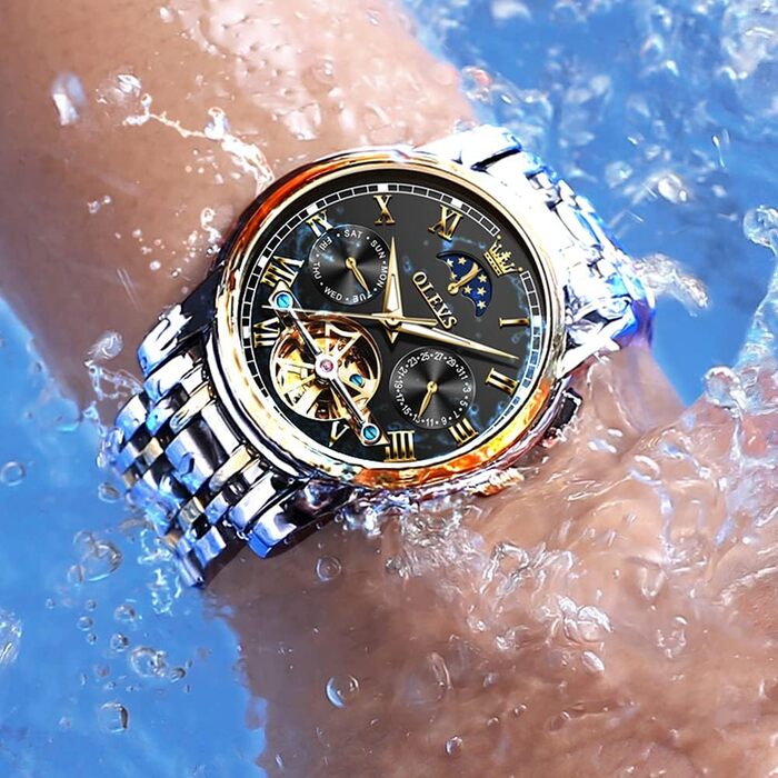 Чоловічий механічний годинник OLEVS Skeleton з фазою місяця, водонепроникний, сталевий браслет, люміноцірувані стрілки, чорний