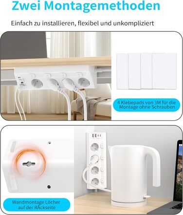 Многофункціональна мережева розетка з USB-C та захистом від перенапруги, 6 розеток, 2м кабель, 4000W, 16A, для кухні, дому, офісу (білий)