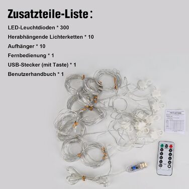 Ланцюжок LED-ліхтарів для декору інтер'єру LuJasi 3x3м, 300 LED, з пультом, 10 гачків, USB, тепле світло, для вікна, стіни, кімнати, балкону, свята