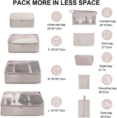 Органайзер для валізи OSDUE, набір 9 шт: кубики для пакування, водонепроникні сумки для одягу, косметичка, кишеня для USB-кабелів (бежевий)