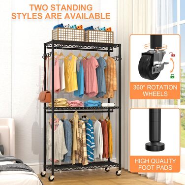 Clothes Rack, Clothes Rack, 4-Tier, Adjustable Closet Organizer System with Drawer | Double Rods | Side Hooks | Holds 445 lbs (Clothes Rack with 4 Drawers)
