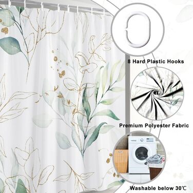 Штора для душу 120x200 см з евкаліптом, антигрибкова, акварель, водонепроникна, поліестер, з гачками для ванної кімнати