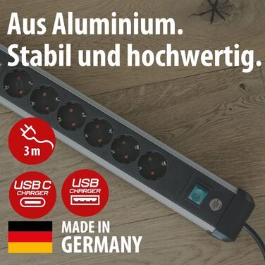 Мережевий фільтр Brennenstuhl Premium-Alu-Line на 6 розеток з USB (USB-C PD 30W та USB-A 18W), 3м, алюмінієвий корпус, з вимикачем, Made in Germany