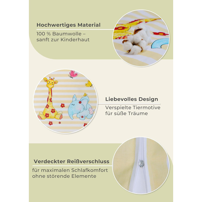 Комплект постільної білизни для дітей Gräfenstayn® з принтом тварин (жирафа та слон) - 100% бавовна (ренфорс) - ковдра 135x100 см, подушка 135x100 см