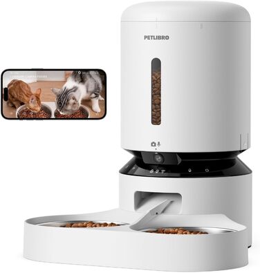 Автомат годування котів PETLIBRO 5л з 2 мисками та камерою 1080P, WiFi, нічне бачення, сповіщення та тримач для сухого корму для кількох котів (білий)