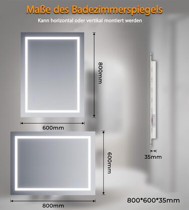 Дзеркало для ванної кімнати SVNR з підсвічуванням, 40x60 см, LED, алюмінієва рама, захисне скло, IP44, сенсорне керування