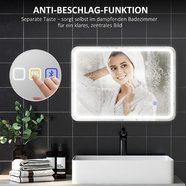 Дзеркало для ванної кімнати HOMCOM з підсвіткою 50x70 см, LED, Bluetooth, сенсорне управління, функція пам'яті, антизапітніюче, 3 кольори світла, срібляне