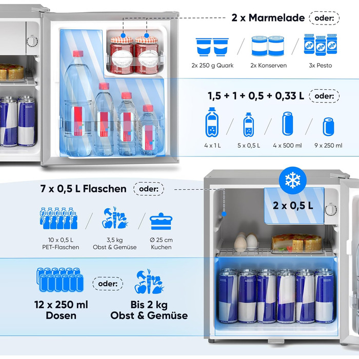 Міні-холодильник Stillstern E 45 л з автоматичною відтавкою, замком, морозильною камерою, тихий, для кухні, офісу, спальні, готелів та маленьких квартир. Холодильник міні, мінібар R600A, срібний