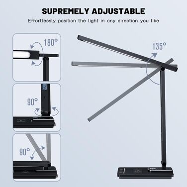 LED лампа настільна YAMYONE з бездротовим зарядним пристроєм та USB-портом, 5 кольорів, регулювання яскравості, нічник, годинник, термометр, для офісу та навчання, білий (чорний)