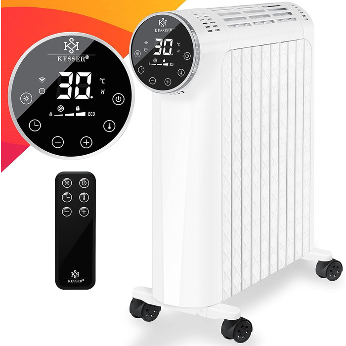 KESSER® Oil Radiator 2500W Electric Heater Radiator Electric Heating System Energy-Saving with Display WiFi App & Remote Control Touchscreen - Mobile Oil Radiator 24h Timer, Thermostat & Overheat Protection White