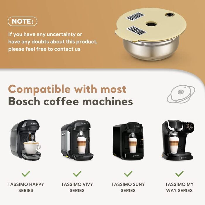 Багаторазова капсула для кавоварки Bosch Tassimo BENFUCHEN, 220 мл, нержавіюча сталь, з пресом, кремова