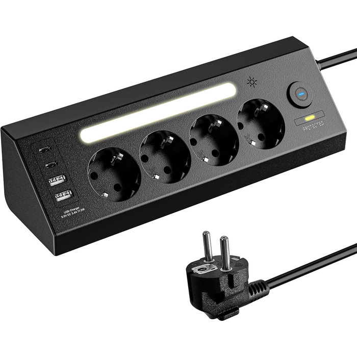 Кутова мережева розетка з USB та 2 Type-C, 4 слоти, з вимикачем, захист від перенапруги, LED, кабель 1.8м