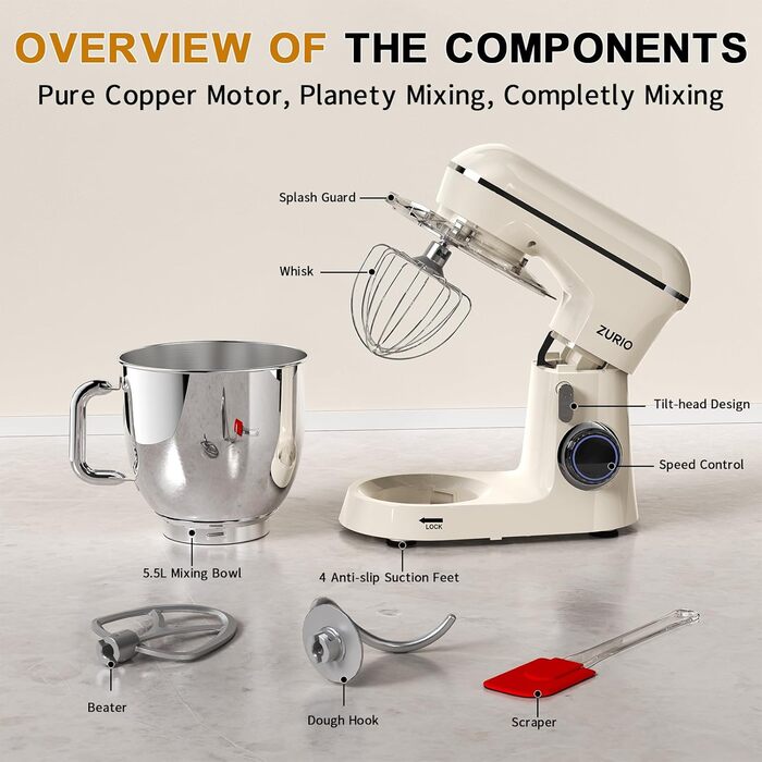 Stand Mixer, 1300W Zurio 5.5L Stand Mixer, 10-Speed Planetary Mixer, Robot Mixer with Quiet Dough Rising Function, Cream