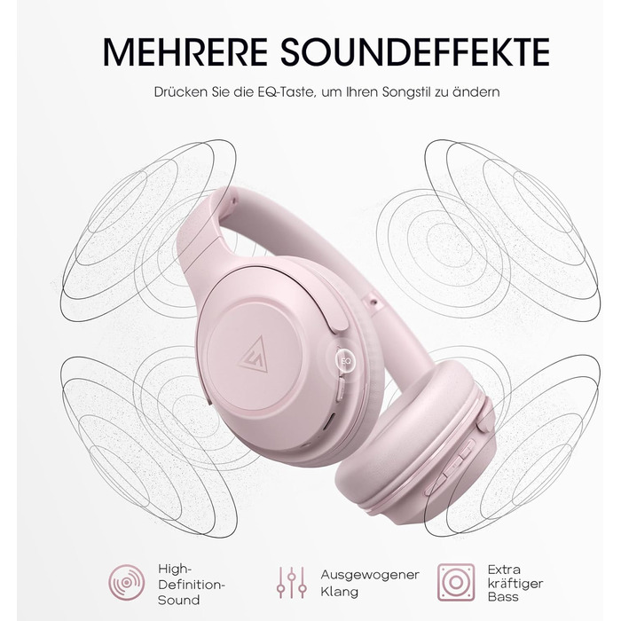 Бездротові навушники DOQAUS Bluetooth з тривалим часом роботи (70 год), Over-Ear, Bluetooth 5.4, Hi-Fi стерео, 3 режими EQ, для подорожей/телефону/ПК (Рожеві)