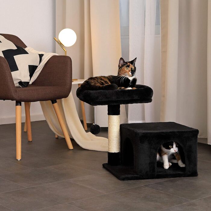 Lionto Scratching Post for Cats with Cozy Lying Area & Cave, Height 50 cm, Cat Tree with Plush Ball including Bell, Sisal Rope & Soft Plush, Suitable for Small & Large Cats, (Black)