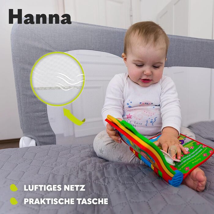 Захисний бортик для ліжка Lionelo Hanna 150x66 см, складаний на 180°, сітчастий, легкий монтаж, блокування, SecureBelt, міцна конструкція, сірий