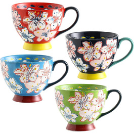 superyes Cute Coffee Cup Set, 4 Pieces, Coffee Cup Set for Tea, Milk, Latte, Cappuccino, Cereal, Hot Chocolate, Soup, Gift (Red, Blue, Green, 340 ml)
