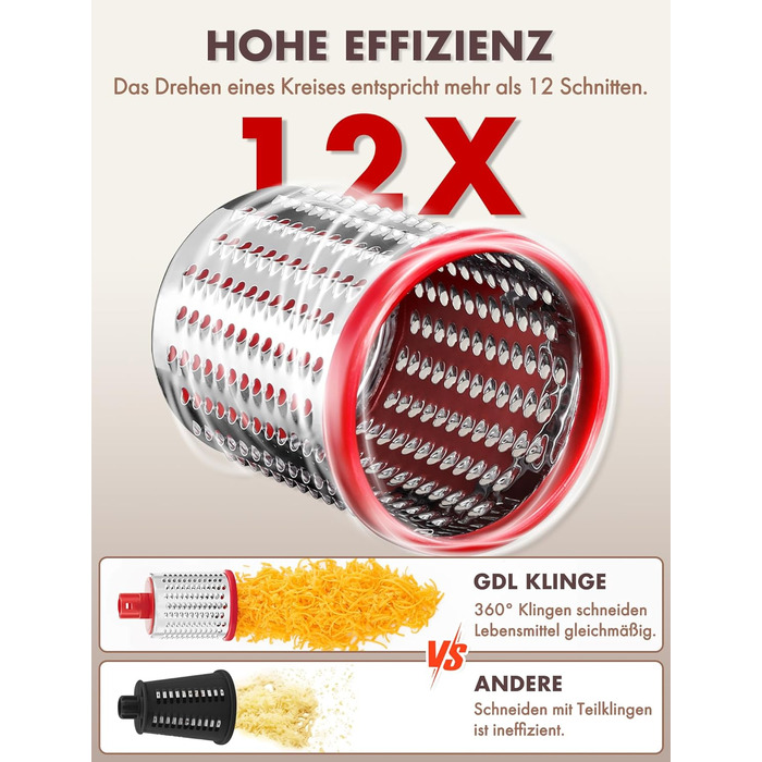 Тертка для сиру GDL з ручкою, оновлена терка для овочів з 5 дисками, терка-нарізач для овочів, зручна та швидка, терка для сиру, морозива, горіхів, огірків, моркви (червона)