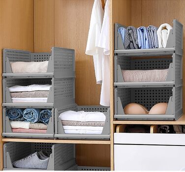 Set of 4 Stackable Folding Clothes Closet Storage Boxes, Plastic Closet Shelves, Closet Organizer Box, Pull-Out Drawer-Like Design, Suitable for Home, Bedroom, Kitchen (Gray)