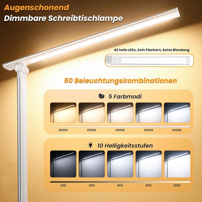 LED лампа для столу Akynite з регулюванням яскравості, USB, 2A адаптер, 5 кольорів, 10 рівнів яскравості, таймер, сенсорне управління, для дітей, білий