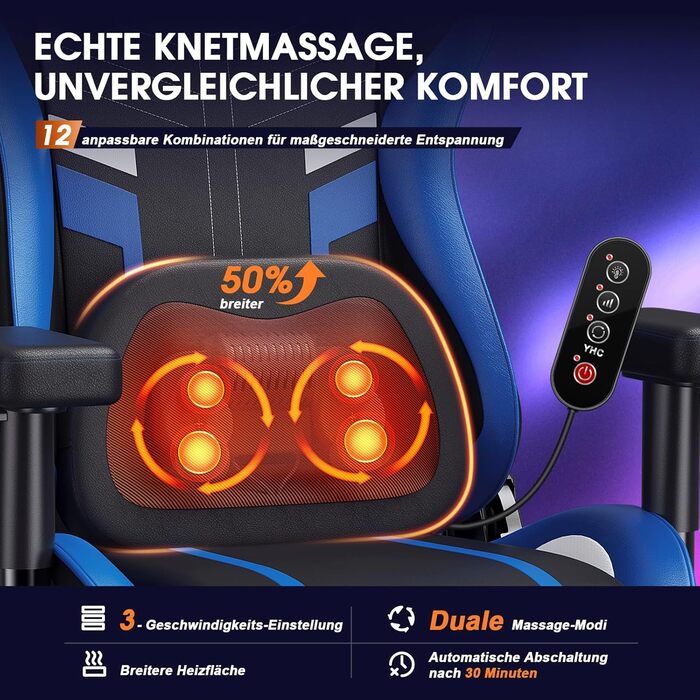Ігровий крісло Douxlife з масажем та підігрівом, ергономічний офісний стілець з підніжкою, регулювання 90°-175°, підлокітники 2D, для геймерів, PC стілець, 181 кг, блакитний