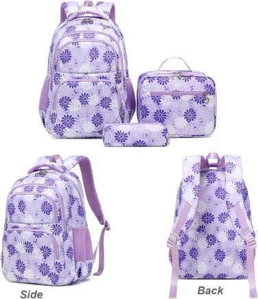 Шкільний рюкзак ZHIERNA для дівчаток-підлітків: комплект з пеналом та ланч-боксом (фіолетовий)