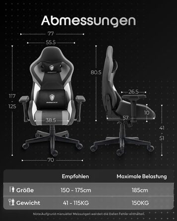 Ігровий крісло Dowinx з 4D підлокітниками, функцією гойдання 15° та регулюванням спинки до 165°, масажний, ергономічний, дизайн у стилі гоночного авто, для геймерів, Esport, вантажопідйомність 135 кг, сірий