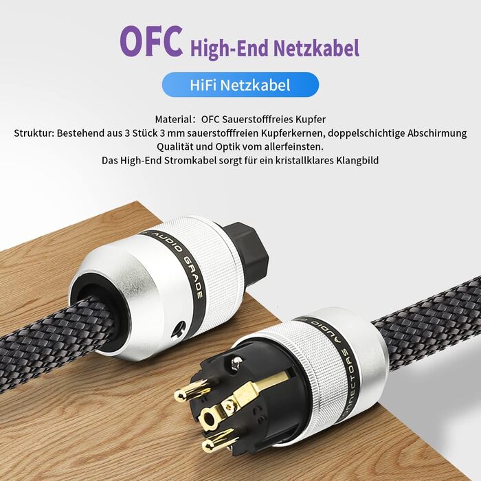 Hi-Fi мережевий кабель Tertullus E820 High-End для аудіо техніки, роз'єми Schuko та C15, 1 м