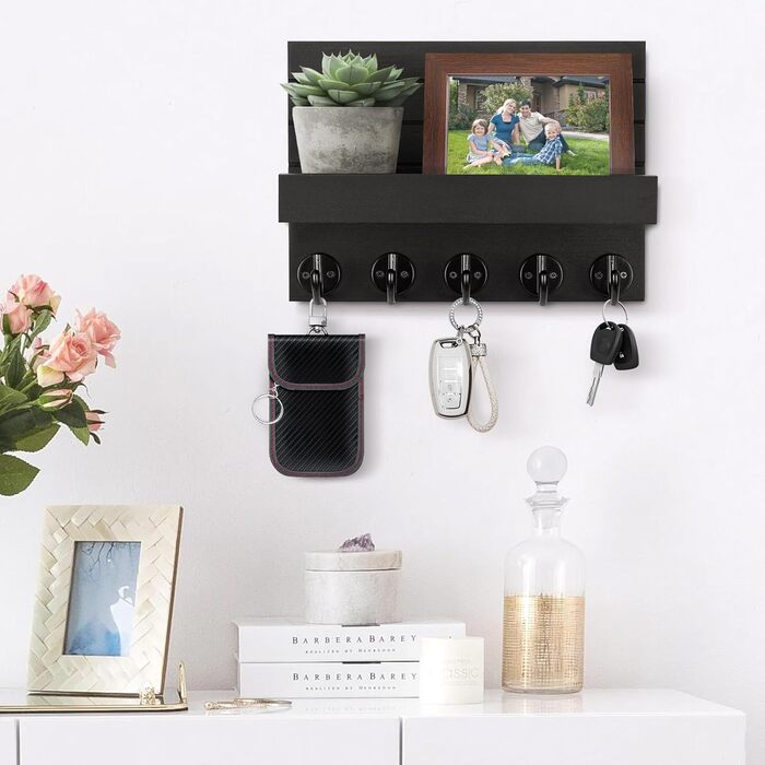 Дерев'яне ключниця на стіну з полицею, чорний колір, 5 гачків, для прихожої, спальні, вітальні