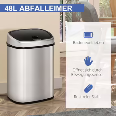 HOMCOM 48L Trash Can with Infrared Sensor, Hygienic, Stainless Steel in Silver, L40.5 x W29.5 x H68 cm for Effortless Disposal