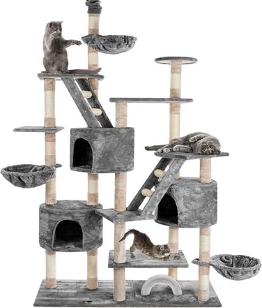 HAPPYPET Дряпка для котів 260 см – велика, стійка, для кількох котів, з аксесуарами, сіра