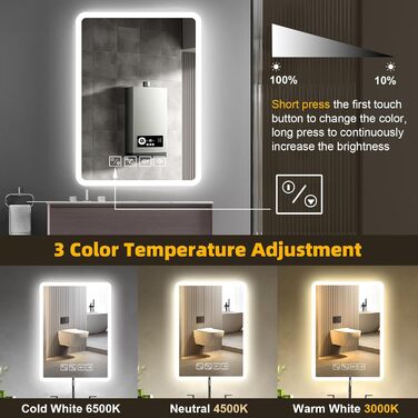 Дзеркало для ванної кімнати з підсвічуванням 50x70 см з Bluetooth, годинником, функцією проти запотівання та сенсорним вимикачем, 3 кольори світла, регулювання яскравості