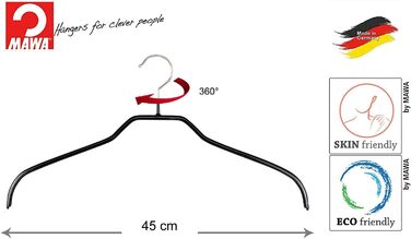 MAWA Clothes Hangers, Set of 10 Space-Saving and Non-Slip Hangers, Ideal for Shirts and Blouses, with 360° Swivel Hook, Non-Slip Coating, 45 cm, Black