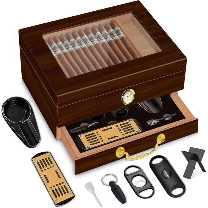 Герметичний вологомір для сигар | Humidor з вологоміром, виготовлений з порцелянового дерева, аксесуари, повний комплект аксесуарів | Для 20–70 сигар (Колір: чорне горіхове дерево)