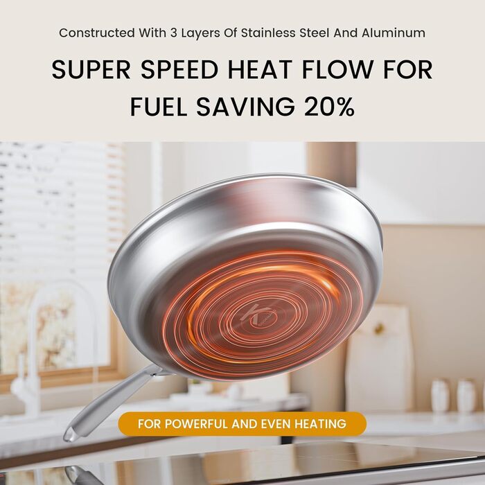 Набір сковорідок COOKNANO 3 шт. (20+26+30 см), нержавіюча сталь, без антипригарного покриття, для всіх типів плит, безпечно мити в посудомийній машині