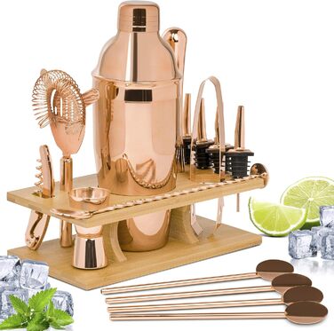 ONVAYA® Cocktail Set in Rosé-Gold | Cocktail Gift Set with Bamboo Holder | Cocktail Shaker Set | Professional Bartender Set | Moscow Mule Mugs (Cocktail Set)