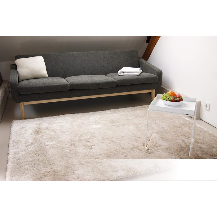 Шкіряний килим з високим ворсом Shaggy, бежевий/кремовий, 140x200 см - елегантний, з блискучою поверхнею