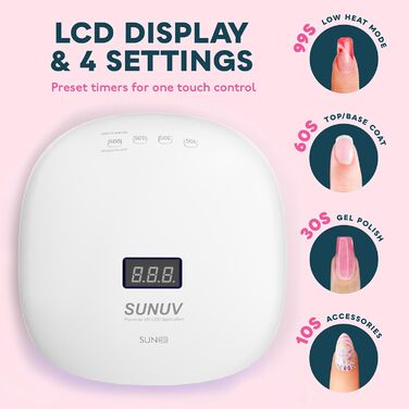 SUNUV LED лампа для гелевих нігтів - швидкий сушар з таймером, LCD-дисплеєм та інфрачервоним сенсором (рожевий)
