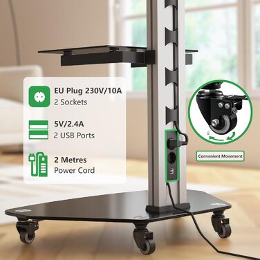 Підставка для телевізора XTRARM Proton 300: регульована висота 191 см, USB-порти, розетки, для телевізорів 32-75 дюймів, чорний алюміній, скляна підставка, максимальне навантаження 40 кг