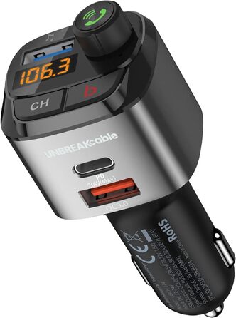 Bluetooth FM-трансмітер UNBREAKcable для авто, адаптер з зарядкою PD3.0 і QC3.0, підсилювач басів, гучний зв'язок, підтримка Siri та Google Assistant