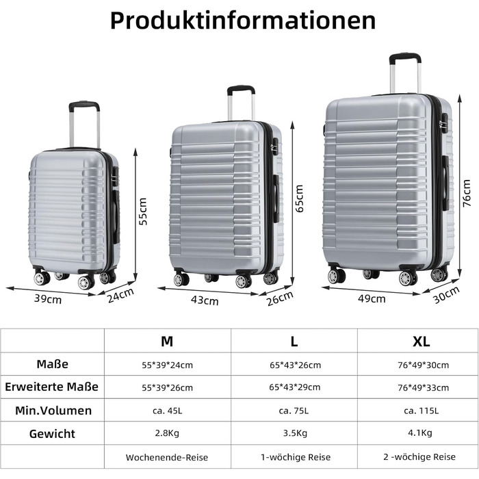Чемодан Beibye 2088 з твердим корпусом, валіза-тележка, ручна поклажа, 14 кольорів (Срібний, XL)