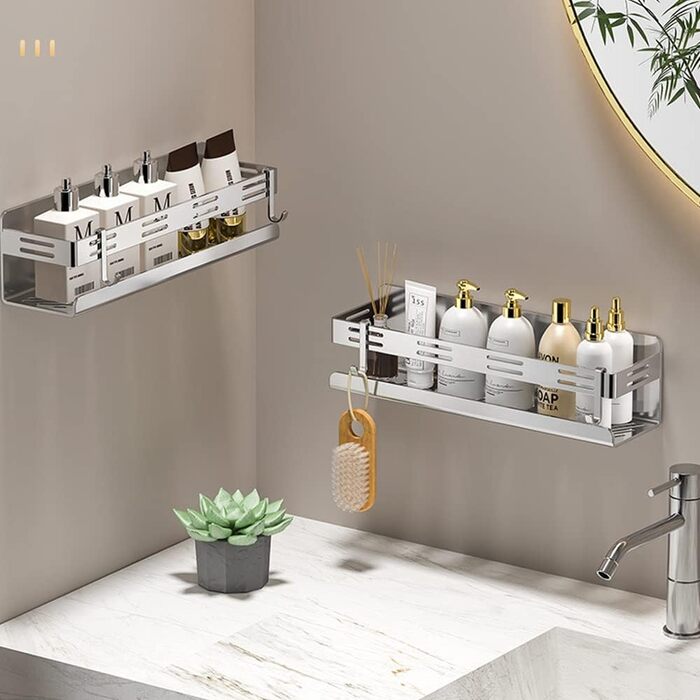 Melairy Shower Shelf No Drilling Bathroom Storage & Organization Shower Basket, Stainless Steel Bathroom Shelves with Two Hooks for Bathrooms and Kitchens