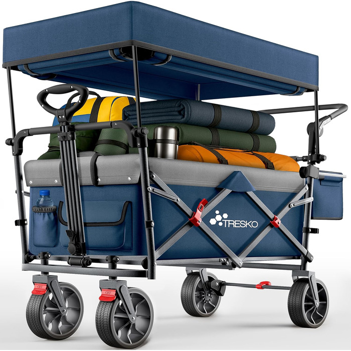TRESKO® Розкладний візок-валіза з дахом, кишенькою-холодильником та боковими шторами | Валіза-візок, вантажопідйомність до 150 кг | Візок для перевезення з повного гумового покриття та гальмами (передні та задні) та 3-точкова стрічка (Зелений) (Синій)