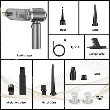 Портативний акумуляторний пилосос NVKHG 18000Pa з безщітковим мотором, 3 швидкості, для авто, дому, офісу, кухні, видалення шерсті тварин (сірий)