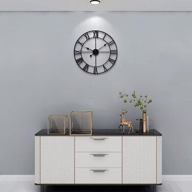 HAITANG Large Vintage Style Wall Clock, Black Round, Metal Silent Non-Ticking, Battery Powered, 40cm, 16 Inch Roman Numerals, Clocks for Living Room, Bedroom, Kitchen Wall Clock Decoration