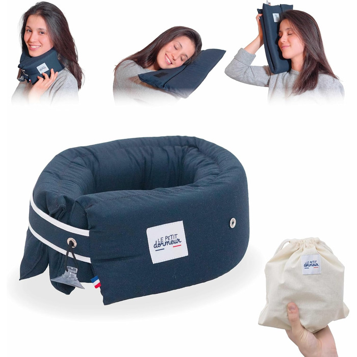Подушка для подорожей Le Pe Dormeur, ергономічна, 3-в-1, ультракомфортна, компактна, виготовлена у Франції, пральна – Колір: Нічний блакитний