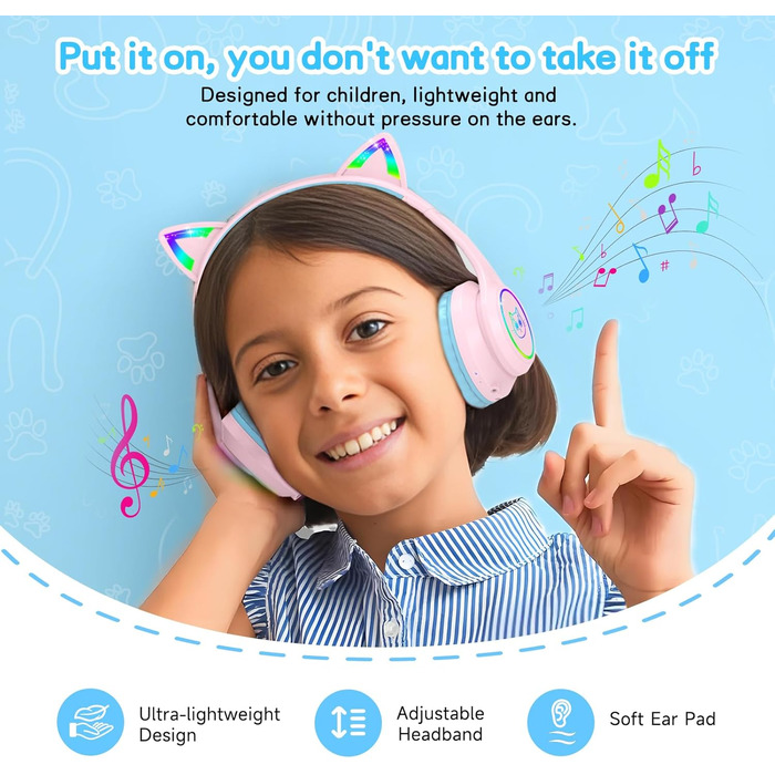 Дитячі навушники LOBKIN бездротові Bluetooth з сумкою, складні, регульовані, Over-Ear, рожево-блакитні - для школи та подорожей