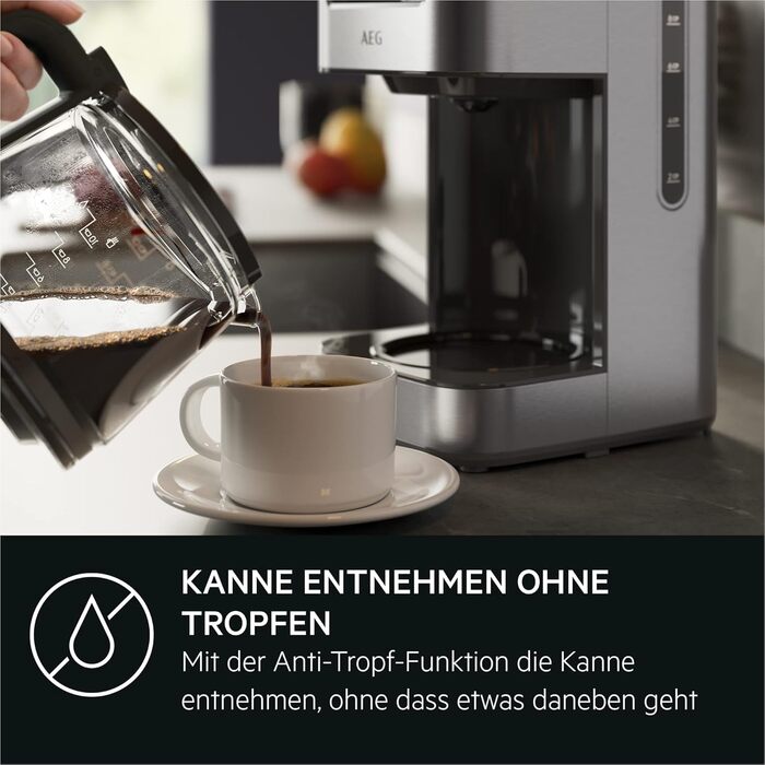 Кавоварка AEG CM5-1-6ST Deli 5, 1,5 л, нержавійка, таймер, підтримка тепла, авто-вимкнення, захист від протікання, індикатор рівня води