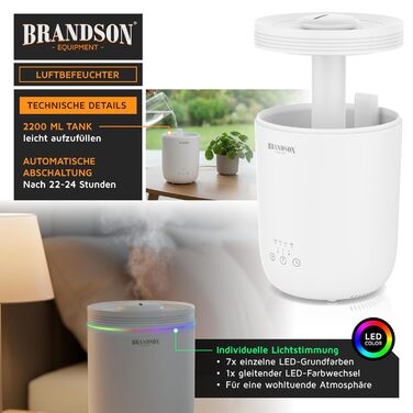 Зволожувач повітря Brandson з пультом керування, 2.2 л, LED-підсвітка, таймер, тиха робота, LED-індикатори, для вітальні, дитячої кімнати, спальні